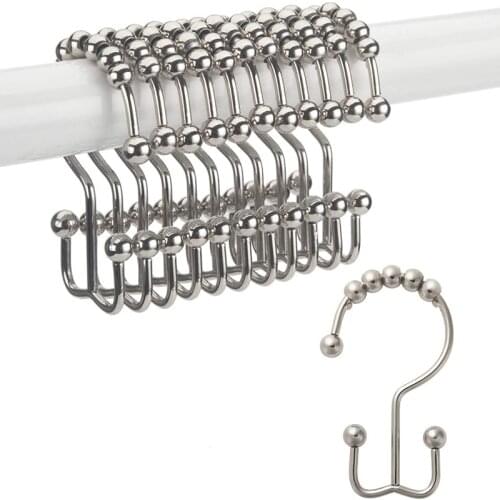 6Pcs Stainless Steel Bath Curtain Rollerball Hooks Double Glide Shower Curtains Rings Rack Anti-slip Roller Bathroom Accessories