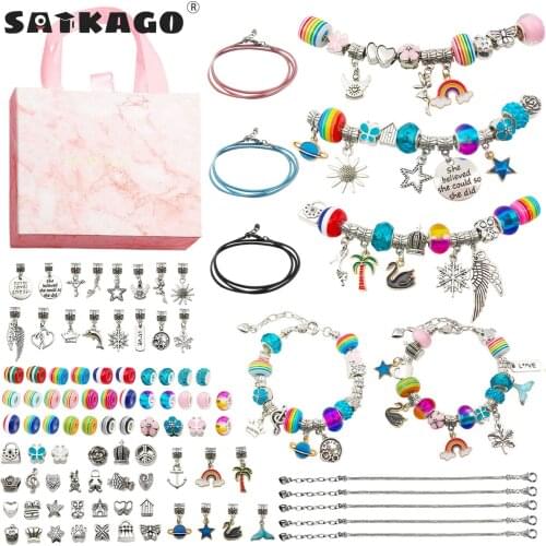 Satkago 92PCS Girls Bracelet Jewelry DIY Kit Including 5 Bracelets 3 Necklace Beads Pendants Jewelry Craft Making Set Girl Gifts