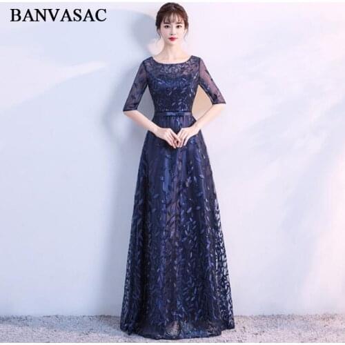 BANVASAC O Neck Bow Sash 2018 A Line Long Evening Dresses Sequined Leaf Lace Illusion Half Sleeve Party Prom Gowns