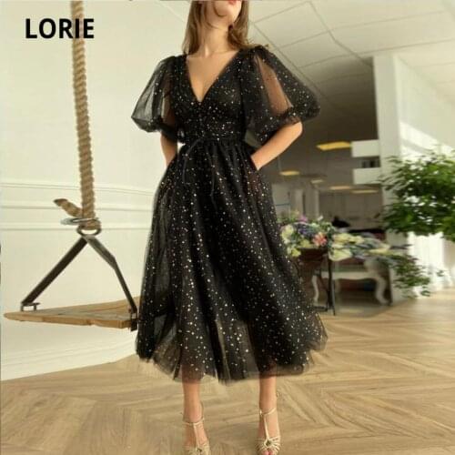 LORIE Shiny Fairy Prom Dresses V-Neck Half Sleeves A-Line Tulle Black Starry Night Party Gown 1950 Christmas Robes de cocktail