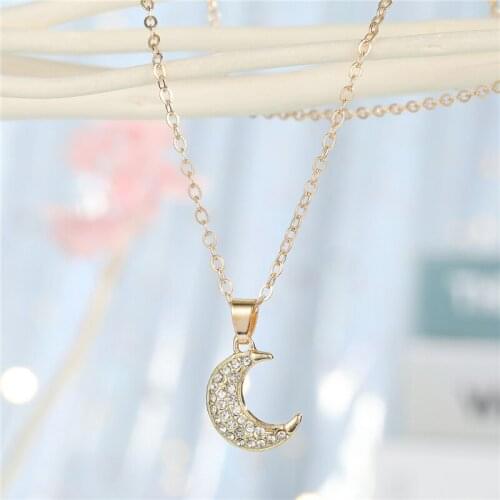 1PC New Simple Crystal Crescent Moon Pendant Necklace For Women Shiny Rhinestone Choker Clavicle Chain Wedding Jewelry Gift