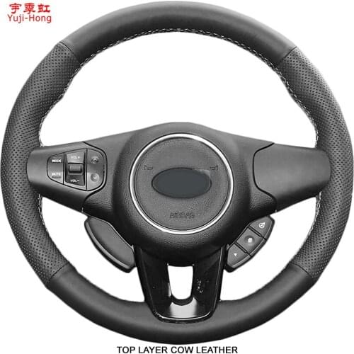 Yuji-Hong Top Layer Genuine Cow Leather Car Steering Wheel Covers Case for KIA Carens 2013 Auto Cover Hand-stitched Black