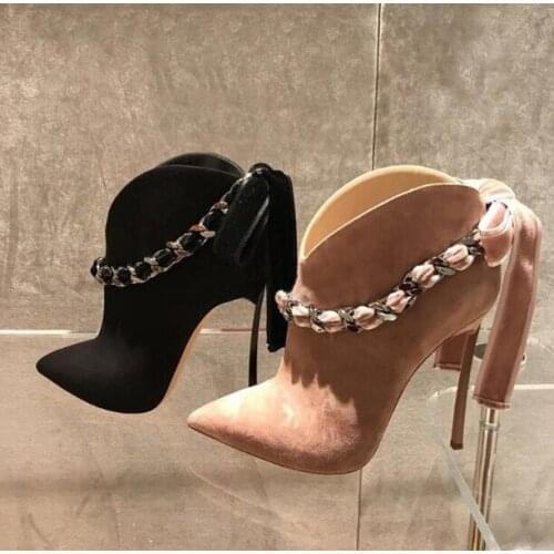 Black Nude Pink Burgundy Matte Pointed Toe Chains Strap Metal Stiletto Heels Bow tie Big Butterfly V Shape High Heel Ankle Boots