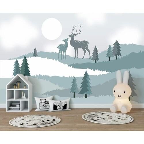 CJSIR Custom Blue Cute Elk Mountains Scenery Tree Sunrise Wallpaper for Childrens Room TV Background Wall Paper Home Decor