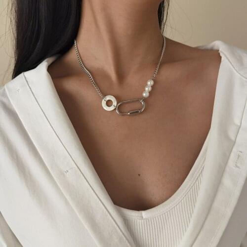 LOVOACC Handmade Personality Rectangle Paperclip Ring Necklace for Women Gold Color Chunky Chain Pearl Chokers Necklaces Gifts