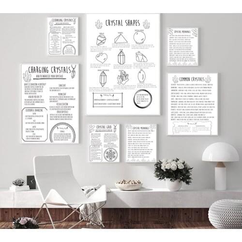 Crystals Book Of Shadows Pages Canvas Art Prints Black White Poster Basic Witchcraft Grimoire Painting Wall Picture Office Decor