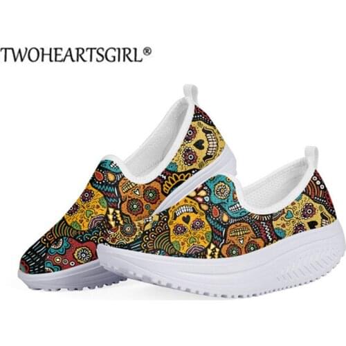 Summer Ladies Mesh Shoes Sugar Skull Print Heighten Shoes Casual Loafers Platform Sneakers Slip On Swing Shoes Gothic Woman Shoe