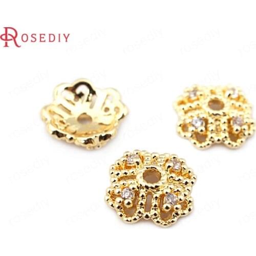 33669-G)10PCS 8MM height 2.5MM 24K Gold Color Brass with Zircon Beads Caps Jewelry Making Supplies Diy Findings Accessories