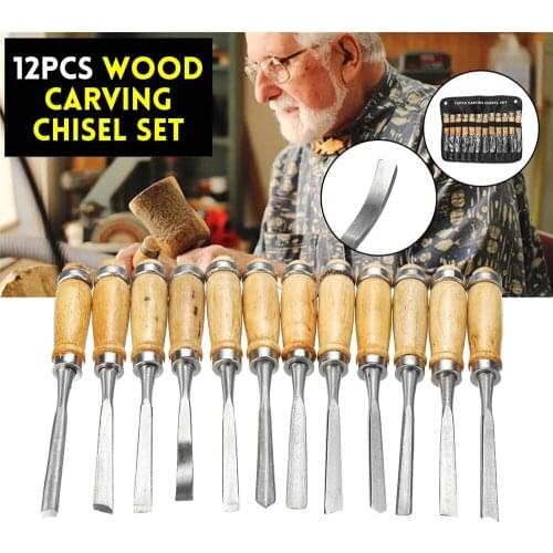 12Pcs Wood Carving Chisel Set Carbon Steel Woodworking Rolling Pouch