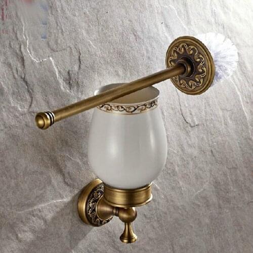 Wall Mounted Vintage Retro Antique Brass Bathroom Toilet Brush Holder Set Bathroom Accessory Single Ceramic Cup mba490