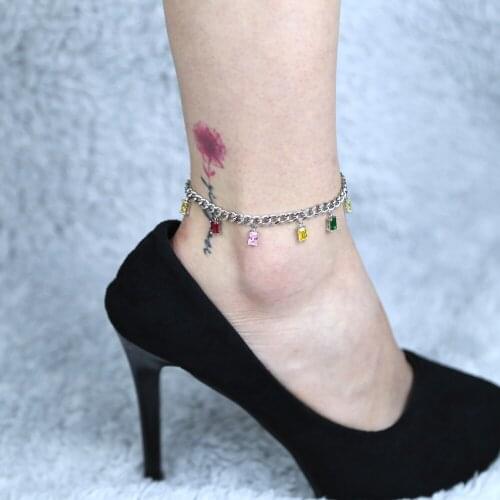 New arrived Summer Beach Ankle Bracelet Foot Leg Jewelry with cuban chain paved rainbow color cz charm anklet bracelet jewelry