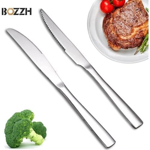 BOZZH Stainless Steel Steak Knives Cutlery Western Style Table Dinnerware Set Serrated Blade Tableware Dinner Knife