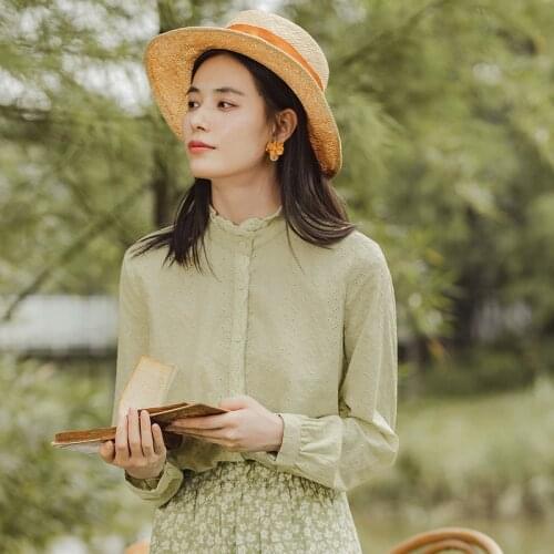 INAMN Spring Autumn Long Sleeve Jacquard Cotton Stand-up Collar Lantern Sleeve Design Sense Blouse