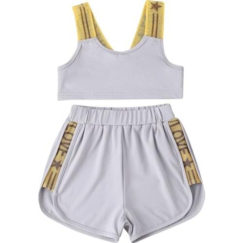 1-6Y Fashion Causal Kids Girls Clothes Sets Letter Mesh Patchwork Sleeveless Tops Shorts 2PCS