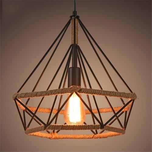 Industrial Vintage Cage Retro Loft Pyramid Hemp Rope Lamp Style Cafe Dining Diameter 25cm Ceiling Lamp Night Light