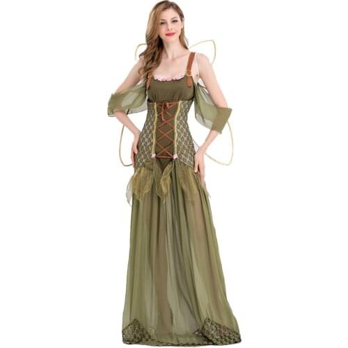 S-XL Adult Women Angel Elf Flower Fairy Tinker Bell Costume Halloween Party Fairy Tale Green Forest Cosplay Fantasia Dress