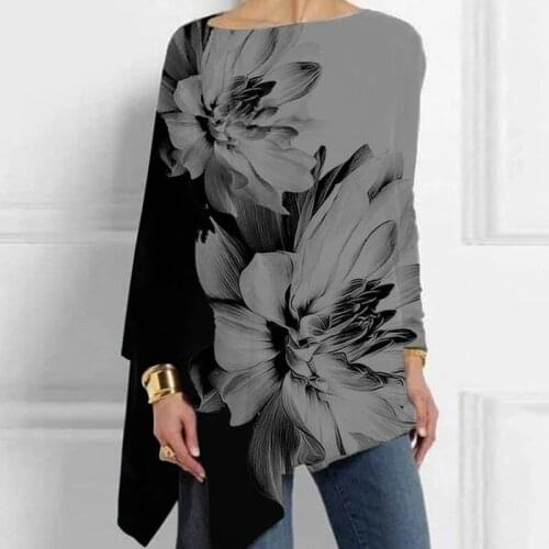 2021 Oversize Spring Crew Neck Floral Cotton-Blend Casual T-shirt Elegant Pullover Patchwork Floral Batwing Sleeve Loose Tops
