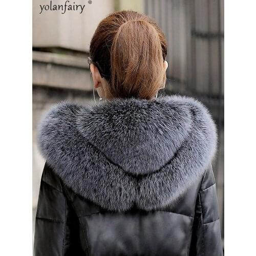Genuine Sheepskin Leather Jacket Women Fox Fur Collar Hooded 90% White Duck Down Jackets Warm Coat Feamle Chaqueta Mujer 2020