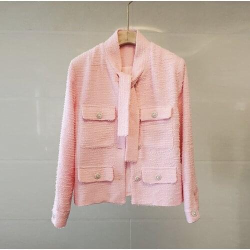 Bow Collar Autumn Tweed Jackets Women Long Sleeve Single Breasted Woolen Coats Pockets Loose French Outwear Plus Size C121