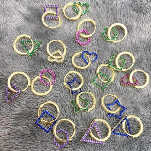 Gold Color Rainbow Cubic Zircon Girl Women Fashion Colorful CZ Paved Jewelry Mini Hoop Star Heart Traingle Charm Earring Huggies