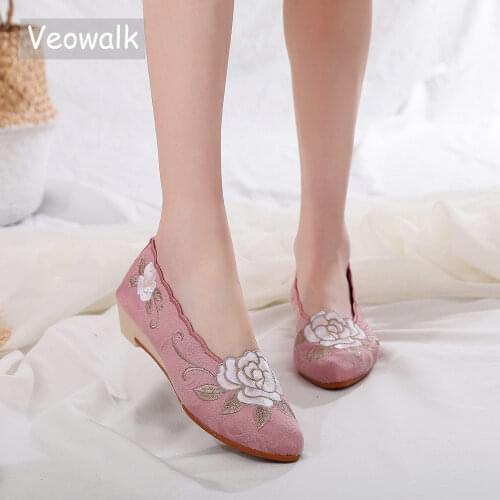 Veowalk Chinese Embroidery Women Jacquard Platform Flat Shoes Elegant Ladies Slip On Flats Comfortable Retro Vintage Shoes Woman