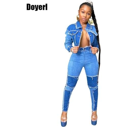 Blue Denim Two Piece Set Jeans Suit for Women Long Sleeve Jacket Crop Top and Pants Set Women 2 Piece Club Outfits Matching Sets