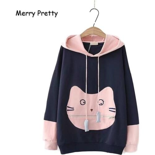 Merry Pretty Women Autumn Winter Hooded Sweatshirts Cartoon Embroidery Patchwork Hoodies For Femme Sweet Style Funny Pullovers