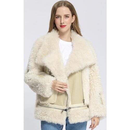 Shearling Women Sheepskin Coat Winter Real Leather Lamb Fur Jackets Ladys Fashion Long Sleeve Zipper Outerwear