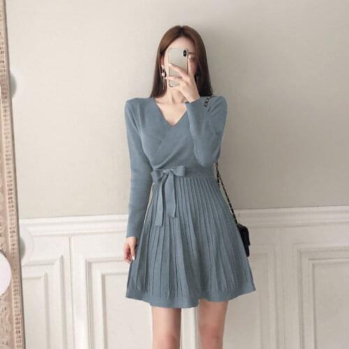 Autumn Women Knitted Dress 2020 Long Sleeve Sexy V-neck Solid Color Korean Style Elegant Lady Mini Dresses Sweater Vestidoes