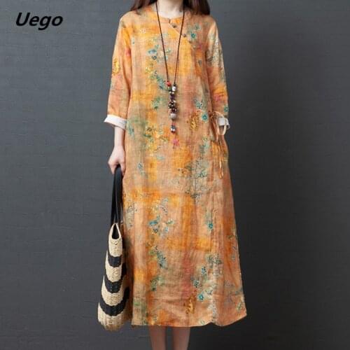 Uego 2020 Long Sleeve Autumn Dress Beading Print Floral Chinese Style Vintage Dress Soft Cotton Linen Loose Women Spring Dress