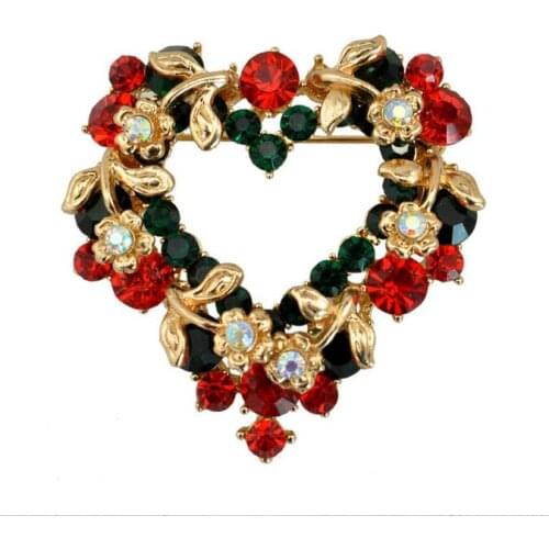 Golden Flowers And Colored Rhinestons Heart Shape Christmas Broach gift Accessory