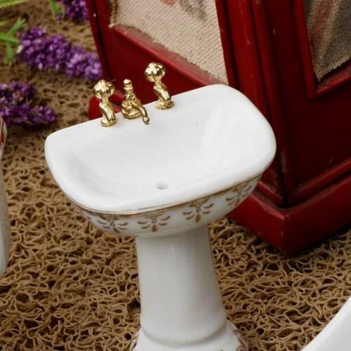1/12 Dollhouse Mini Furniture Porcelain Bathroom Set White Toilet, Bathtub & Basin #1