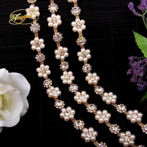 1 Yd Pearl With Zircon Silver Alloy Wedding Clothing Adornment Ornament Pruning DIY Sewing Applique pearl Crafts