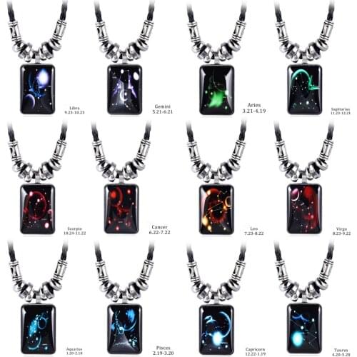 12 Constellation Leather Necklace 2021 Fashion Glamour Jewelry Vintage 12 Zodiac Long Chain Pendant Necklace for Women Pulseras