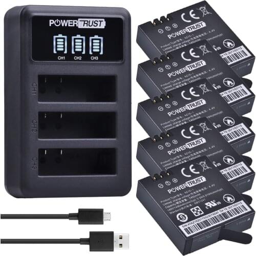 Powertrust 5pcs AZ16-1 Camera Battery +LED USB 3Slots Charger For Original Xiaomi YI lite 2 4K 4k Action Cameras