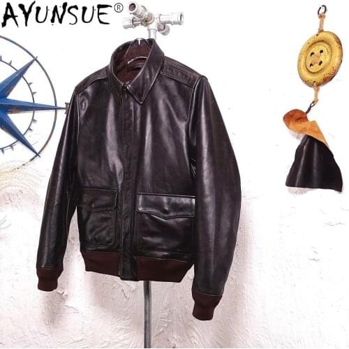 AYUNSUE Genuine Leather Jacket Men Spring Autumn 2021 Vintage Brown Cowhide Coat Bomber Flight Jacket Veste Cuir Homme KJ6992