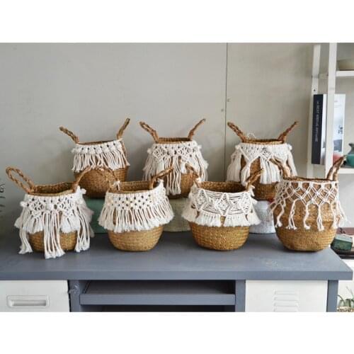 Seagrass white basket for decoration laundry basket woven basket gift basket handmade tassel Vase