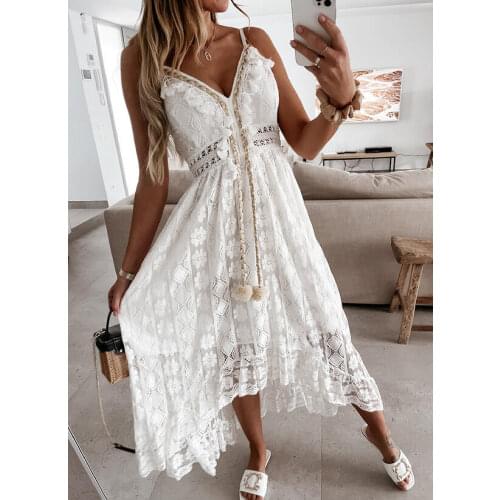 White hollow lace asymmetrical maxi dress,robe boheme femme chic,Women sexy backless v neck spaghetti strap party flowy dress