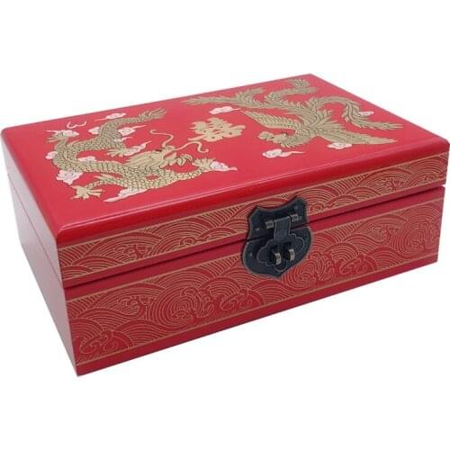 Chinese Handmade Classic Wooden Lacquerware Dragon&Phoenix 2 Layer Jewelry Box