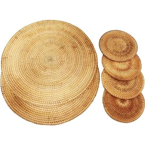 Hot Sale 6 Pcs Round Handmade Braided Table Mats Natural Rattan Placemat Heat Resistant Mats Farmhouse Weave Placemats for Dinin