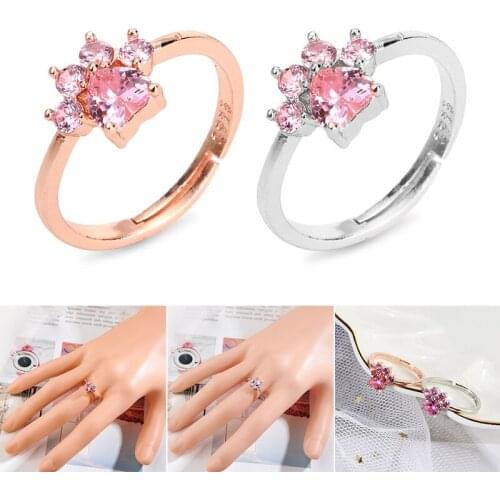 Women Crystal CZ Bear Paw Print Ring Cute Cute Pet Dog Cat Footprint Open Adjustable Ring Female Romantic Wedding Ring Love Gift