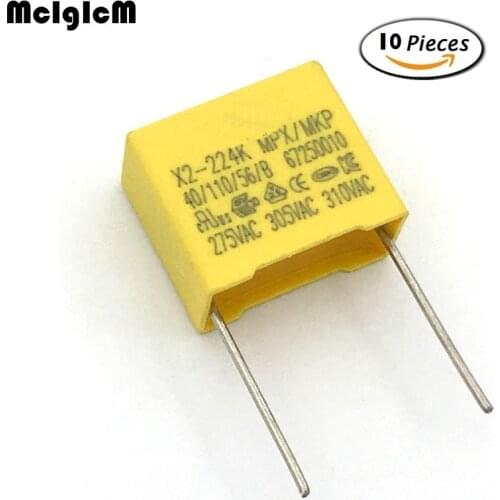 MCIGICM 10pcs 220nF capacitor X2 capacitor 275VAC Pitch 15mm X2 Polypropylene film capacitor 0.22uF