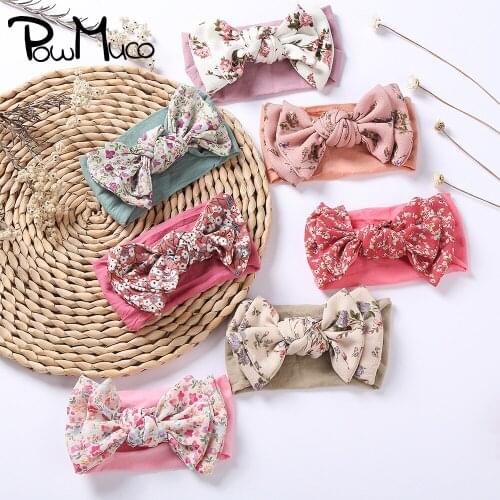 Powmuco Cute Print Chiffon Bows Infant Hairband Soft Comfortable Elastic Wide Headband Baby Headwear Christmas Gift Photo Props