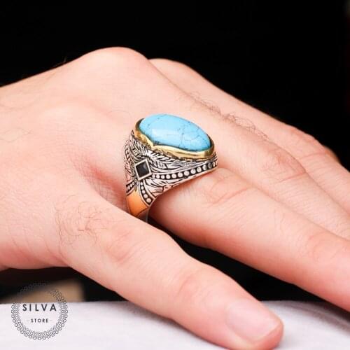 Turquoise Stone 925 Silver Mens Ring. Man Jewellery Stamped With Silver Stamp 925 All Sizes Are Available