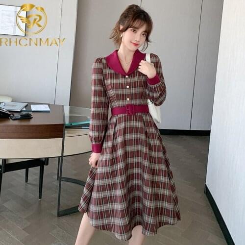 2020 Winter New Doll Collar Long-sleeved Patchwork Knitting Plaids Dress Single Breasted Bow Sashes Women Vintage Elegant Dress