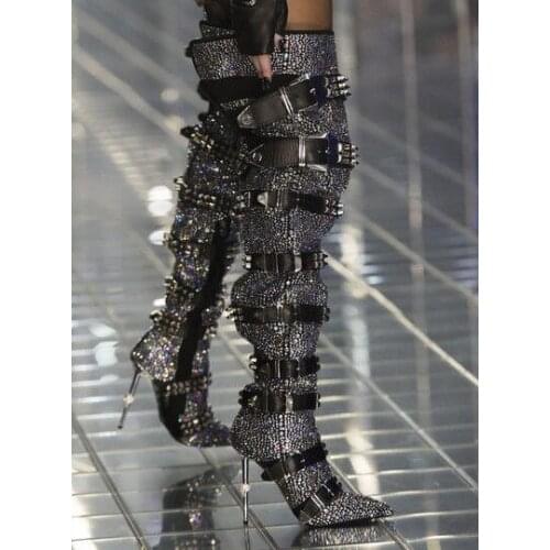 Sexy Black Sliver Rhinestone Buckles Rivets Over The Knee Boots Woman Bling Bling Pointed Toe Iron Heels Spike Long Boots Lady