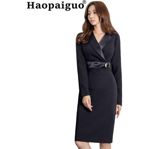 Solid Fall Clothes for Women Blazer Dress V-neck Solid Long Sleeve OL Office Work Dress Women Wrap Midi Autumn Dress Women Ropa