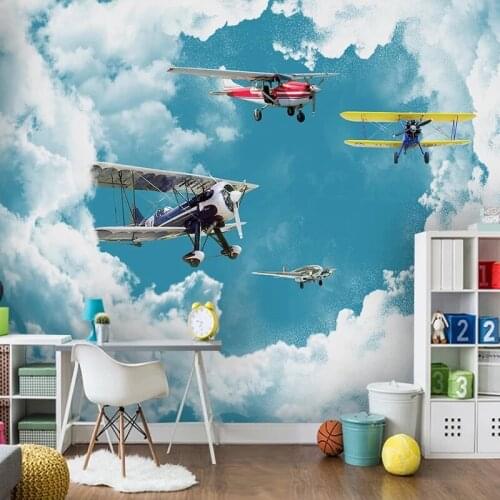 Custom Wallpaper For Kids Room Modern Mediterranean Blue Sky White Clouds Airplane Boys Room Bedroom Decoration Wall Art Mural