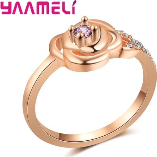 925 Sterling Silver Luxury Finger Ring Elegance Purple Cubic Zirconia Stone with Rose Gold Color Bands Women Gift Jewelry