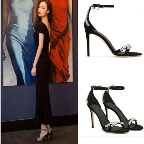 Flat Sandals Women A- line with Crystal Diamond Chain Thin Heeled Open Toe Sexy High Heels Women